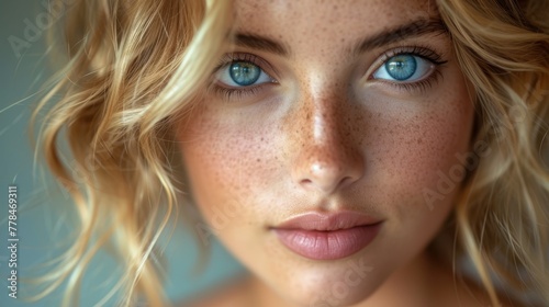 a close up of a woman's face with freckles and freckles on her face and freckles on her face.