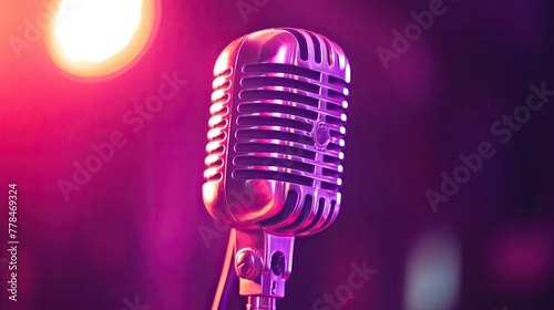 A close-up of a classic microphone illuminated by a magenta light, adding a pop of color.