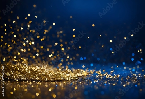 A luxurious abstract background awash in deep navy blue. Golden, twinkling particles dance across the scene, some with a soft blue glow. Delicate gold foil