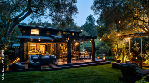 A craftsman house in a striking indigo, with a backyard that hosts a modern gazebo and an array of solar lights.