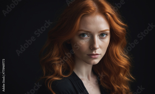 Portrait of a beautiful red-haired model, a ginger model with a face of beauty and red hair, noir, contrast, color paint, multiple colors , detailed