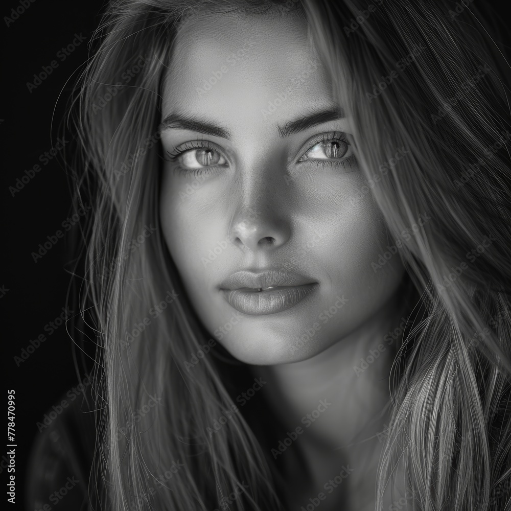 portrait of a beautiful woman with a long hair, black and white, real life photo, professional photo portrait of a beautiful woman with a long hair, black and white, real life photo, professional photo