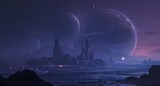 A futuristic landscape with a distant star system in the background