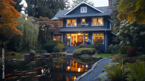 A craftsman style house painted in a royal navy blue, with a backyard that includes a serene koi pond and a blue stone sidewalk edged by Japanese maples. 
