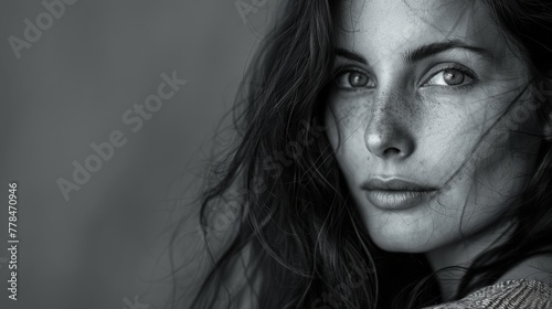 portrait of a beautiful woman with a long hair, black and white, real life photo, 
