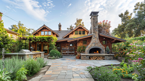 A craftsman style house in a rich caramel  with a backyard including a wood-fired pizza oven and a flagstone sidewalk surrounded by edible landscaping. 