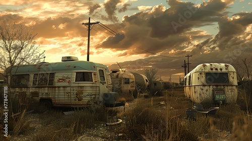 an old trailer and a camper are parked in a junkyard