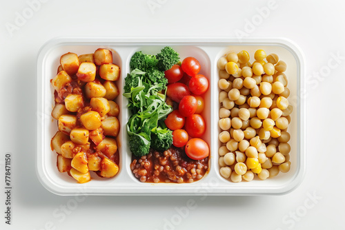 Vegetarian lunch in a plastic container. Simple meal from a buffet or canteen  with a variety of cooked and fresh vegetables. Top view  white background with copy space.