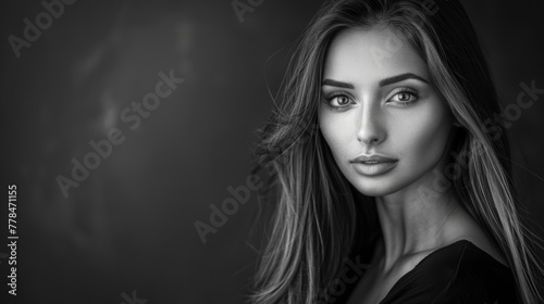 portrait of a beautiful woman with a long hair, black and white, real life photo, professional photo