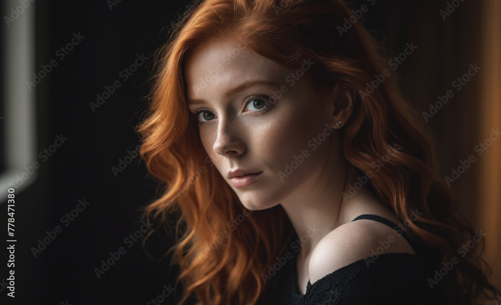 Portrait of a beautiful red-haired model, a ginger model with a face of beauty and red hair, noir, contrast, color paint, multiple colors , detailed Portrait of a beautiful red-haired model, a ginger model with a face of beauty and red hair, noir, contrast, color paint, multiple colors , detailed