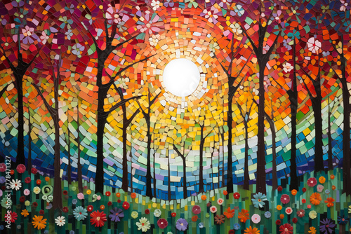 A colorful mosaic illustration of beautiful forest with trees and flowers blooming under the sun in full bloom.