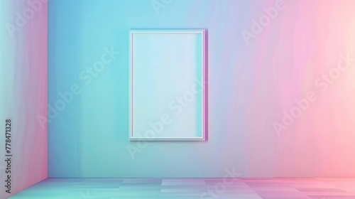 A gallery featuring a wall that continuously shifts through a spectrum of pastel colors  with an empty wall frame mockup 