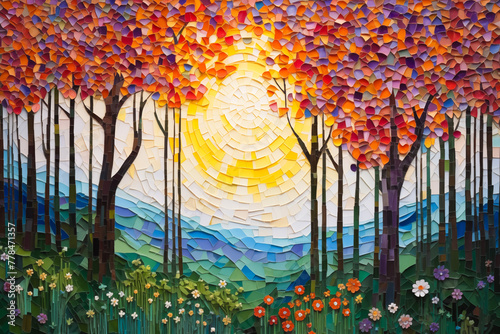 A colorful mosaic illustration of beautiful forest with trees and flowers blooming under the sun in full bloom.