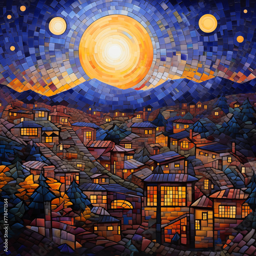 A colorful, mosaic  style illustration of sunset  over small village nestled among hills with flowers and plants.