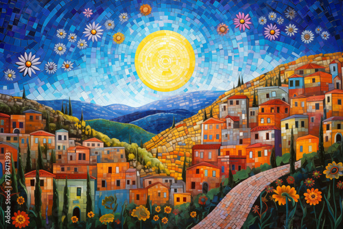 A colorful mosaic illustration of houses on the hillside, with trees and flowers blooming under the sun in full bloom.