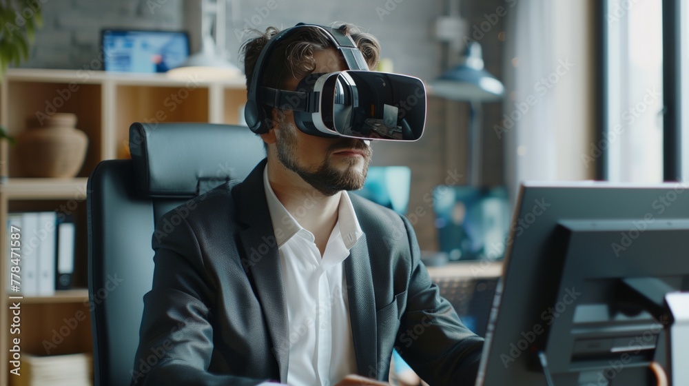 a man wearing a virtual headset sitting at a desk in front of a computer monitor a man wearing a virtual headset sitting at a desk in front of a computer monitor