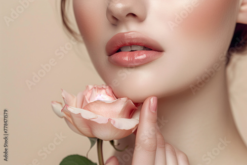 Beautiful woman with perfect lips and manicure holds a rose in her hand 