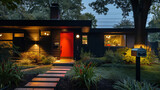 A modern craftsman style cottage in glossy jet black, with a bright red door and a pathway illuminated by futuristic solar lights, leading to a sleek, stainless steel mailbox.