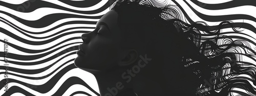 a woman with her eyes closed standing in front of a black and white striped background with a wavy pattern