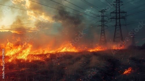 A park glade under power lines during a windy day, with dry grass igniting and creating a dangerous, fast-moving fire.