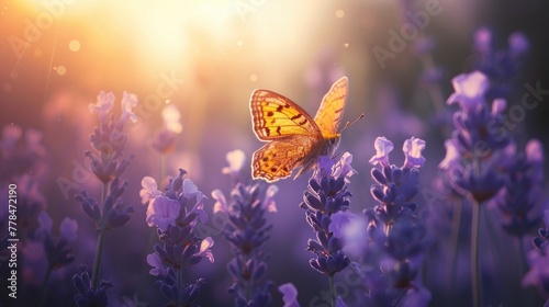 A small copper butterfly hovering over a field of lavender, under the soft light of the afternoon sun. photo