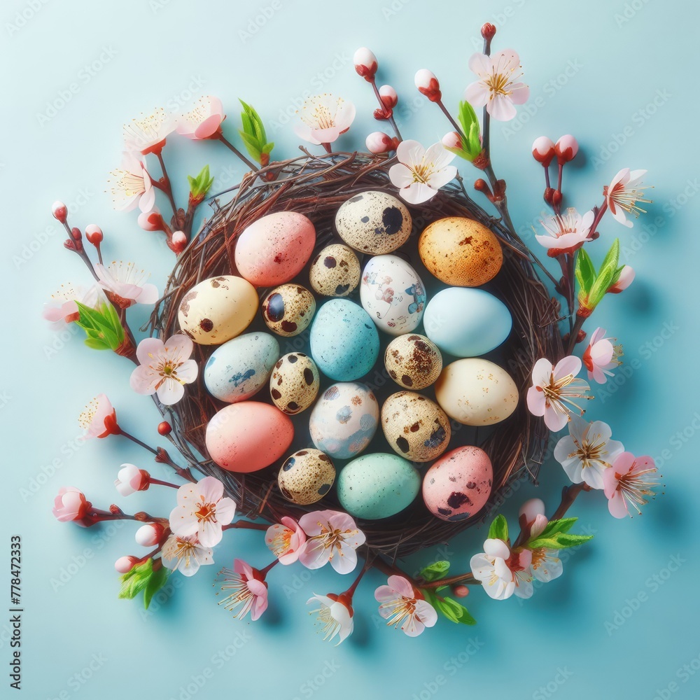 colorful small easter eggs with flowering branches on a light blue background with copy space - easter card background - spring design element
