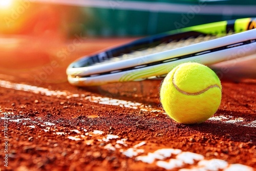 Tennis ball and racket on the tennis court. Close-up view. Sport concept. © Oleh