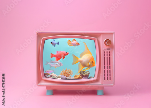 vintage tv set, aquarium with tropical fishes on the screen, retro aesthetic, 50s nostalgia
