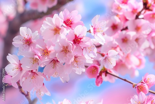Spring banner, branches of blossoming cherry against background of blue sky and butterflies on nature outdoors. Pink sakura flowers. Generative AI © Kateryna