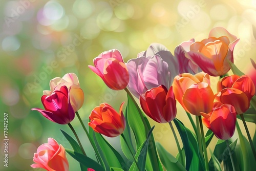 colorful beautiful tulips growing in garden on green bokeh background. Generative AI