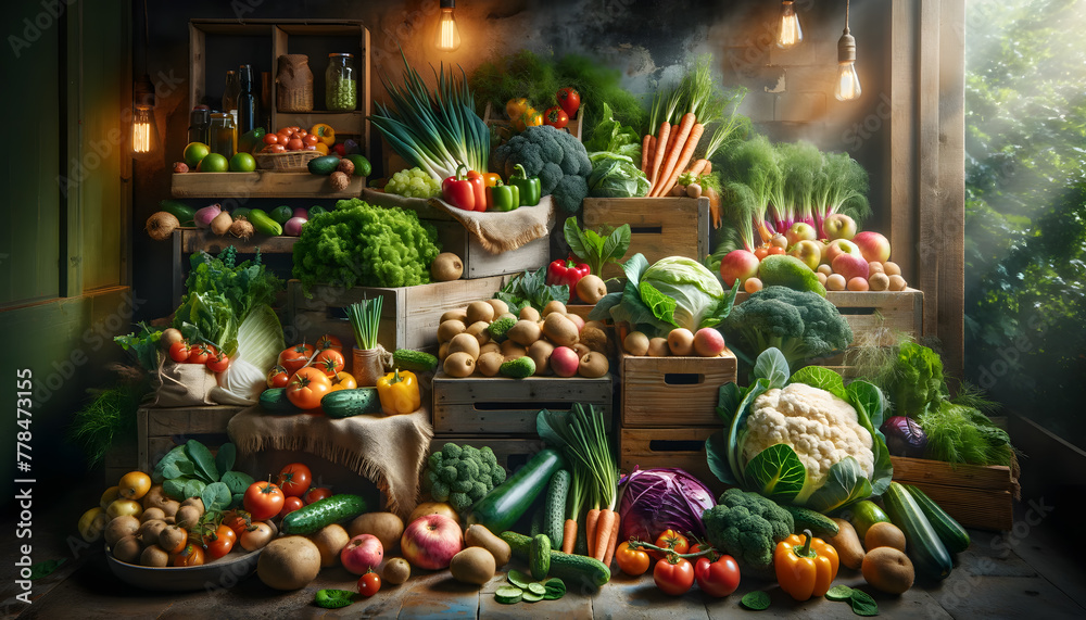 Organic Farm Produce Displayed in Rustic Market Setting, Fresh Vegetables and Fruits on Wooden Crates, Natural Lighting Organic Farm Produce Displayed in Rustic Market Setting, Fresh Vegetables and Fruits on Wooden Crates, Natural Lighting