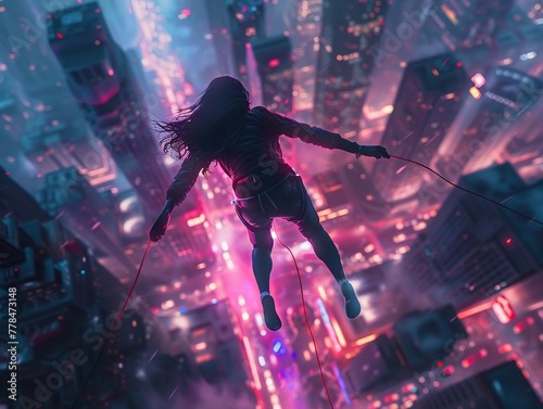 A bungee jumper descends into a neon abyss, her cord pulsing with the beat of the city