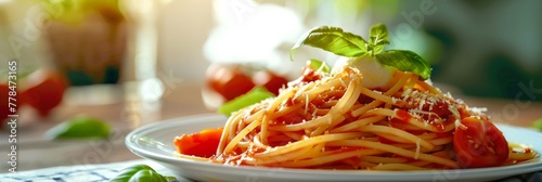 Classical italian spaghetti with tomatoes, tomato sauce, basil, milk mozzarella and parmesan cheese photo