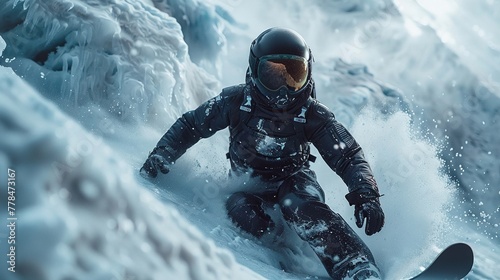 A snowboarder carves through a Martian ice field, her suit adjusting to the alien climate in realtime 