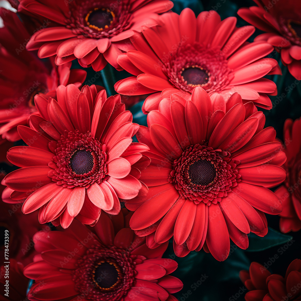 cluster of vibrant red gerbera daisies with rich dark centers and delicate petals, a classic symbol of beauty and a popular choice for bouquets and celebrations. cluster of vibrant red gerbera daisies with rich dark centers and delicate petals, a classic symbol of beauty and a popular choice for bouquets and celebrations.
