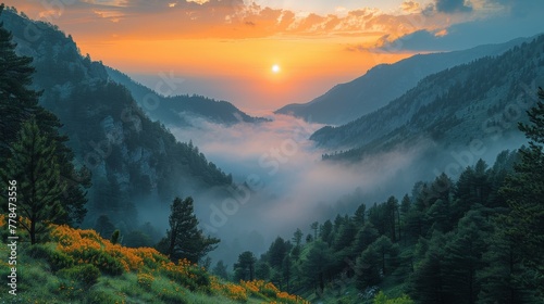 Sunset Glow Over Misty Mountain Forest Landscape.
