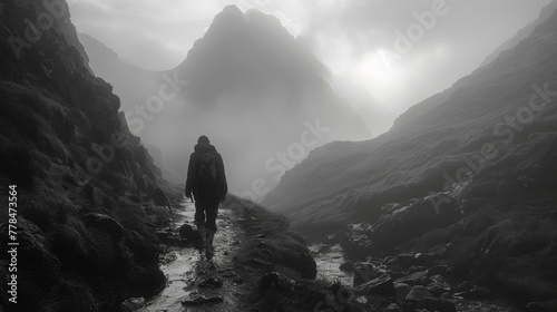 A Lone Hikers Journey Through Misty Mountain Paths.
