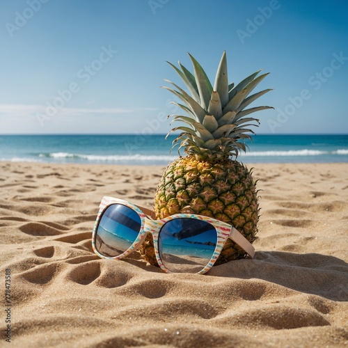 A pineapple with flip-flops, sunglasses and a straw bag on a sandy beach with the ocean and a clear blue sky in the background