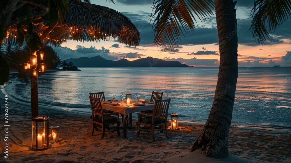 A Romantic Beachside Dinner at Sunset Amidst Soft Lights.