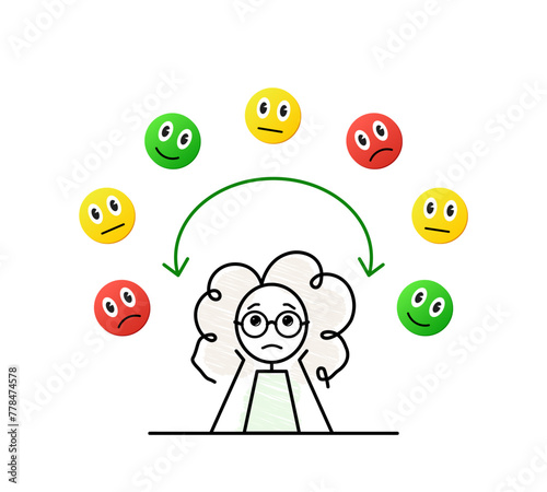 emotions, mood swings control, cute little teenage girl having a mood changing rapidly, emotional roller, simple sketch