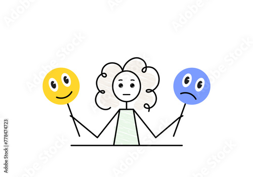 mood is a choice, cute little girl holding a happy face mask and unhappy face mask, emoji, mood masks sketch, ector illustration