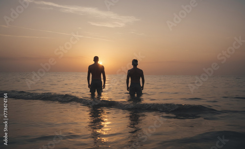 A man stands in the ocean  surrounded by the tranquil waters  as the sun sets in the background   detailed