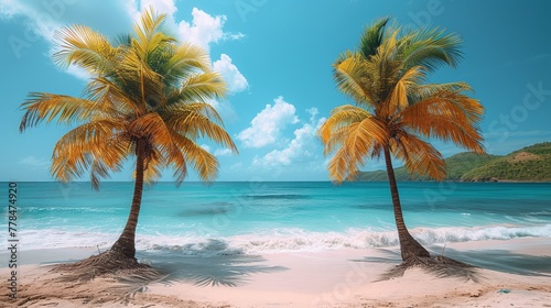 a couple of palm trees sitting on top of a beach next to a body of water with a mountain in the background.