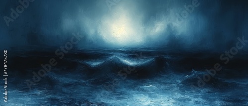 a painting of a large body of water in the middle of a large body of water with a light at the end of it.