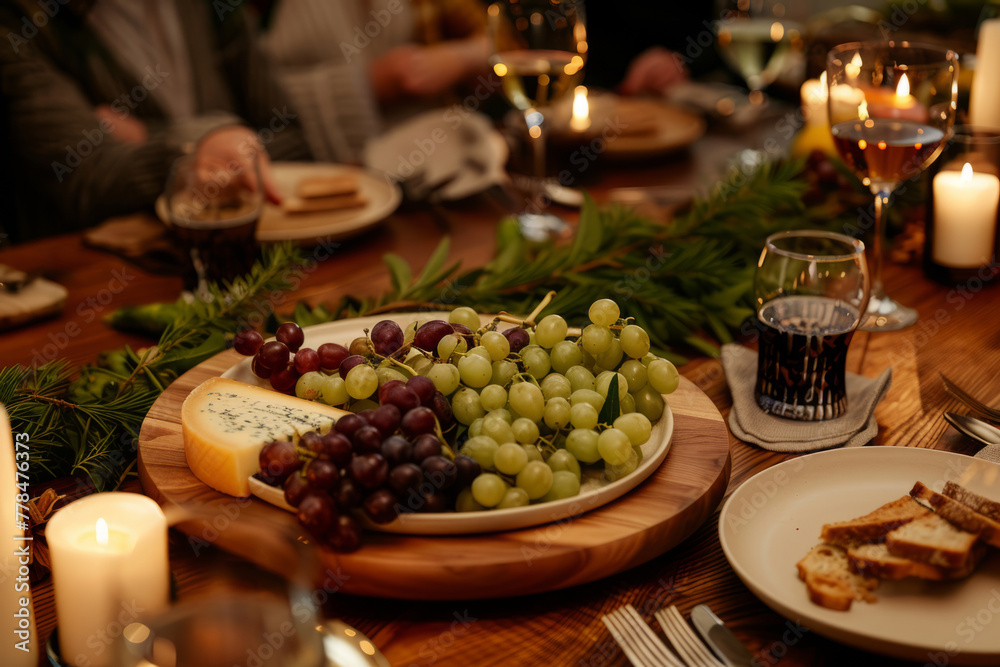 Friends together at the dinner table with cheese plate and grapes. Generative AI