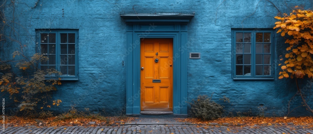a yellow door sits in front of a blue building with two windows and a brick walkway in front of it. a yellow door sits in front of a blue building with two windows and a brick walkway in front of it.