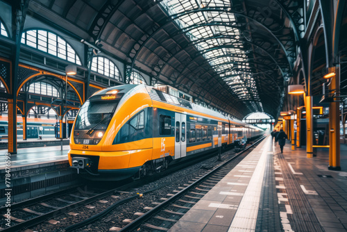 Train traveling through a train station next to a platform. Generative AI © barmaleeva