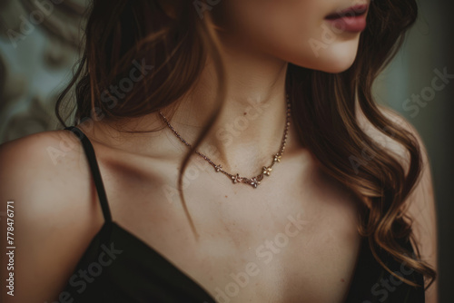 Elegant golden jewelry adorning a woman's neck. Generative AI