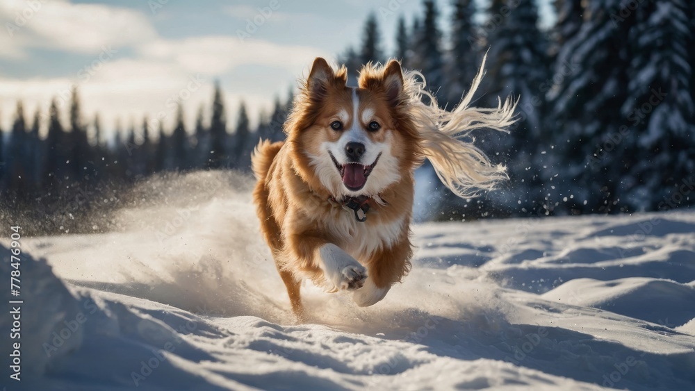 A dog jumping in the snow