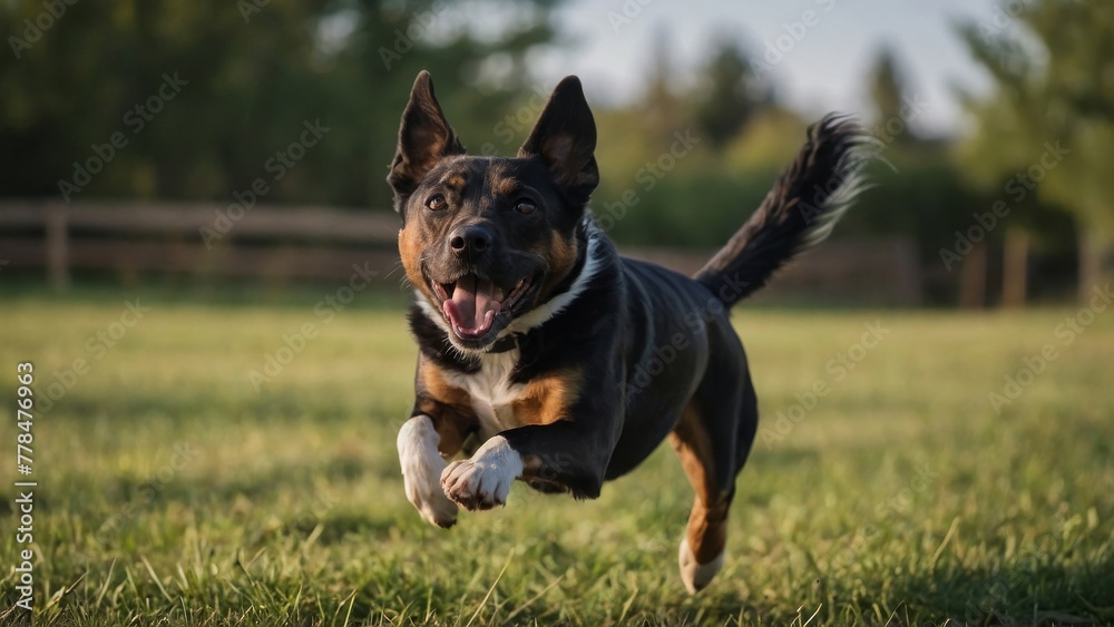 A dog leaping towards the camera